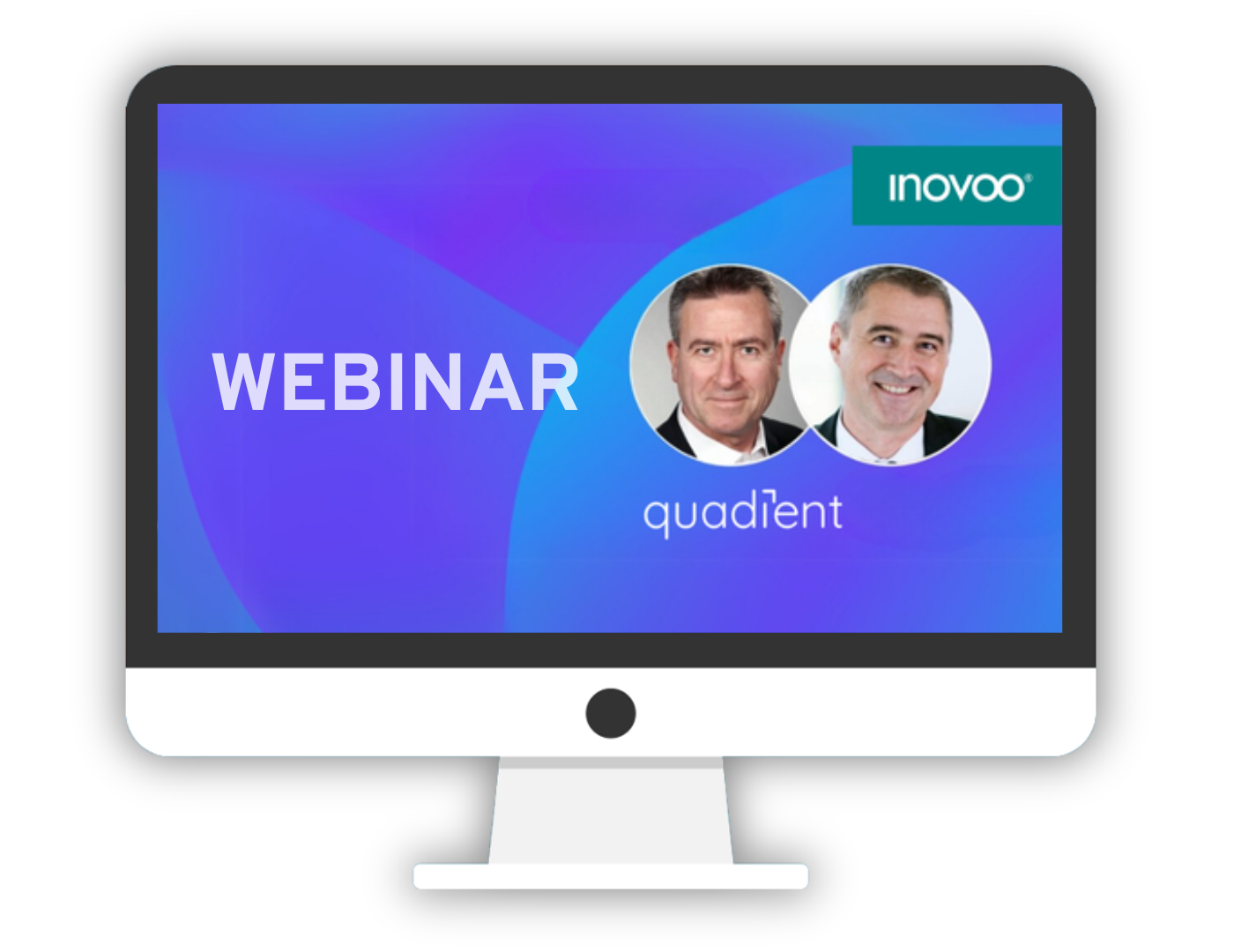Computerbildschirm mit dem Webinar "End-to-End-Prozesse" von inovoo und Quadient, das gerade in Vollbild angezeigt wird.