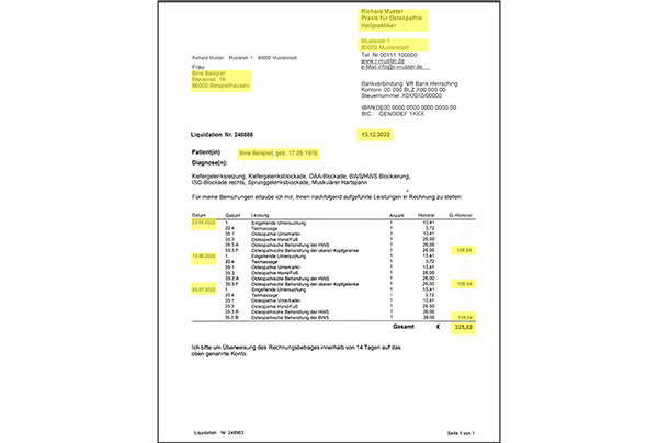 Grafik eines Formulars zur osteopathischen Kostenübernahme – zeigt relevante Felder wie Name, Rechnungsdatum, Behandlungstag und Betrag für automatisierte Dokumentenerfassung.