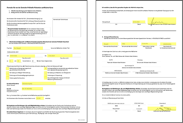 Grafik eines Präventionsformulars – zeigt Pflichtfelder wie Name, Geburtsdatum, Zeitraum, Kurs-ID und Unterschrift im Rahmen automatisierter Gesundheitsdatenverarbeitung.