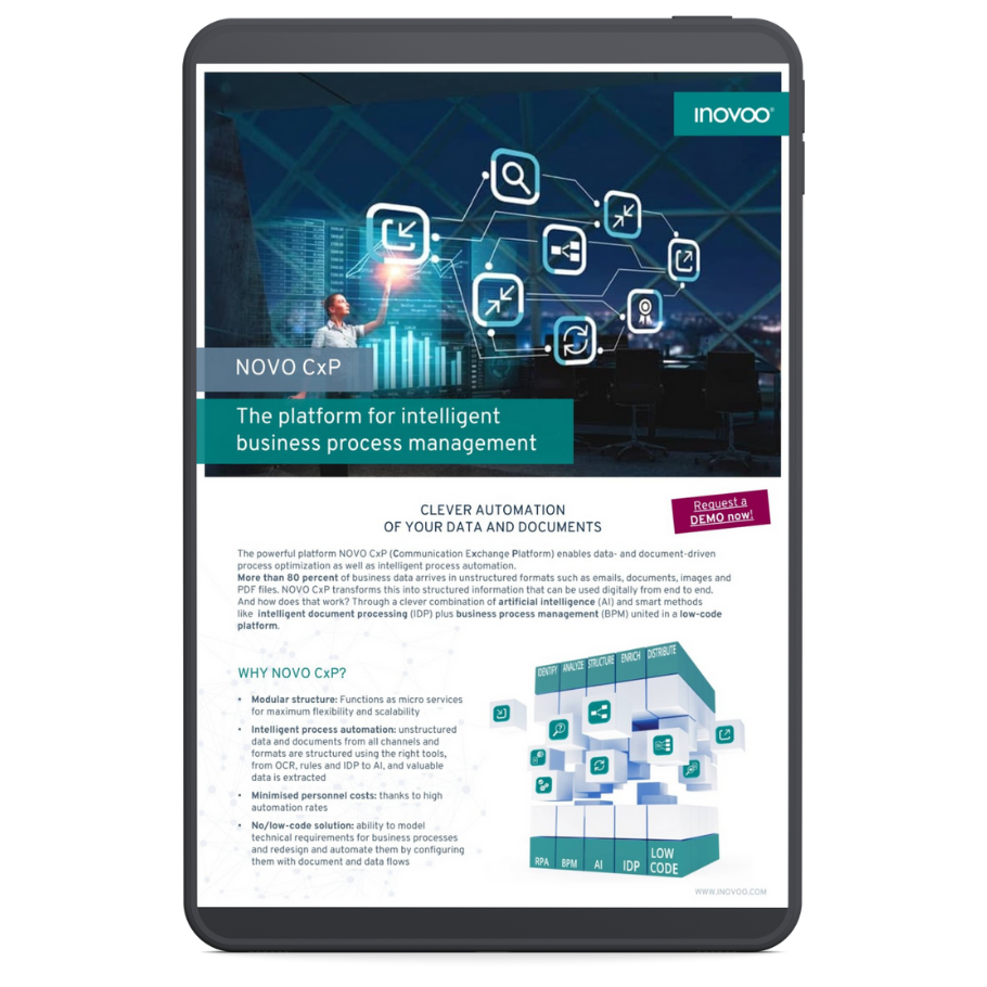 NOVO CxP information sheet from inovoo – overview of features for automating unstructured data processing