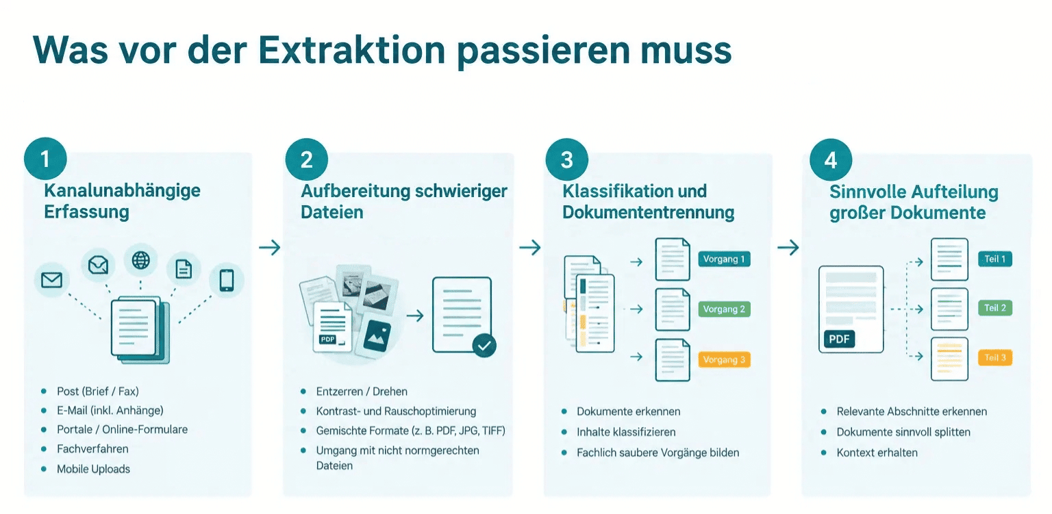 Prozesskette der Dokumentenverarbeitung: Eingang, Aufbereitung, Klassifikation, Aufteilung, Extraktion